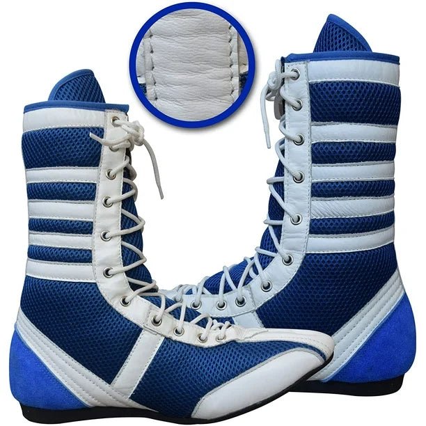 Long Boxing Shoes Anti Slip and Lightweight White and Blue.