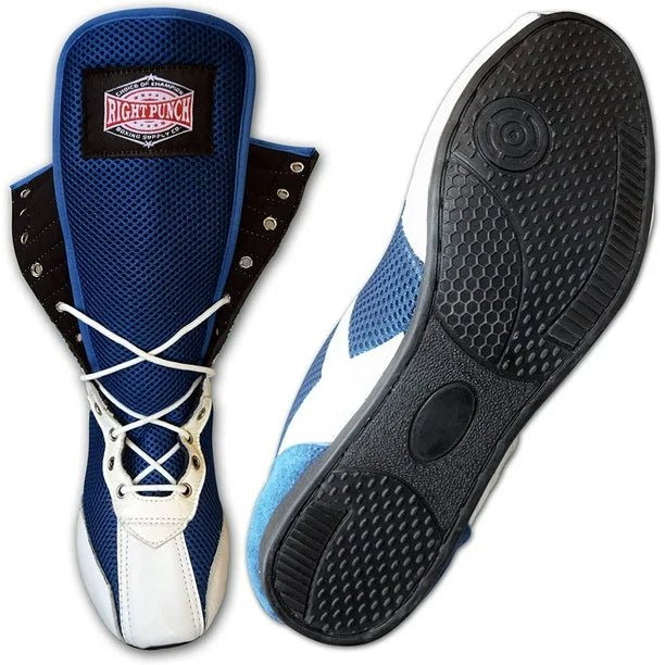 Long Boxing Shoes Anti Slip and Lightweight White and Blue.